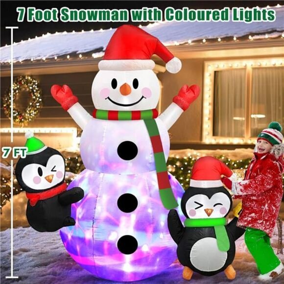 7 FT Christmas Inflatable Snowman Penguins Built-in Rotating Colorful LED Lights - Picture 1 of 6